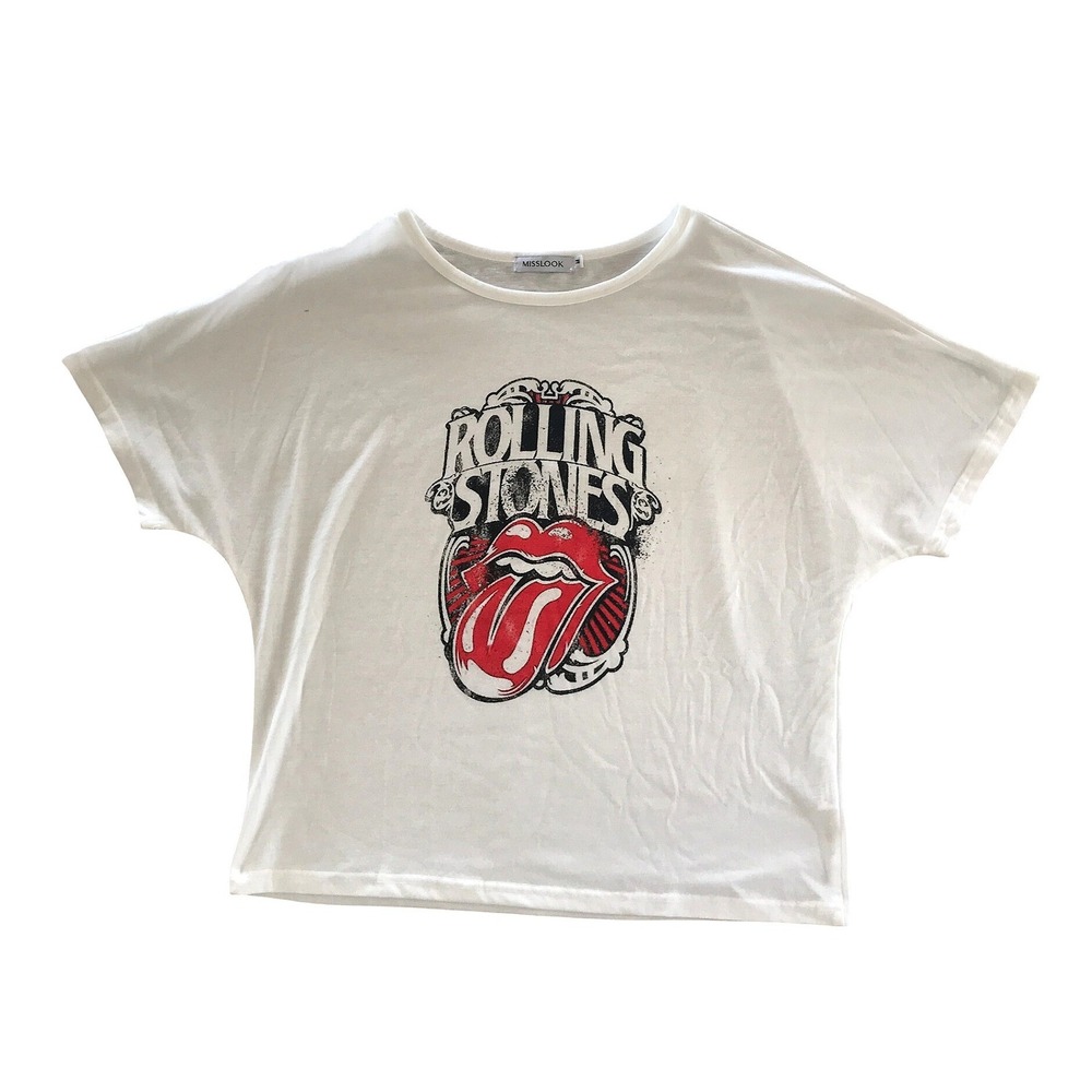 Misslook Rolling Stones Graphic Tee Womens Medium White Rock Band Concert Shirt